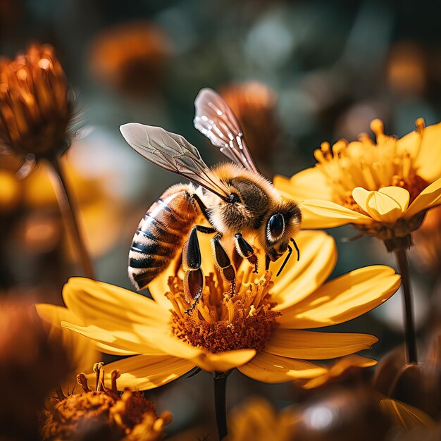 uma abelha coletando néctar da flor brilhante