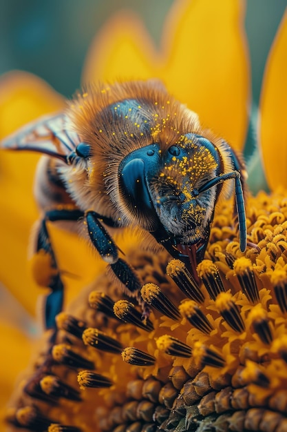 Uma abelha coletando néctar de um pó de girassol brilhante empoeirando suas pernas