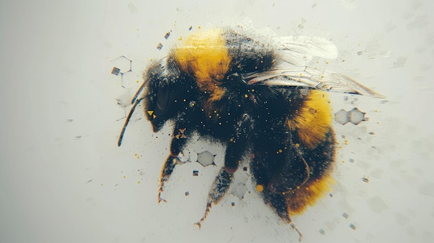 Uma abelha com listras amarelas e pretas está voando no ar