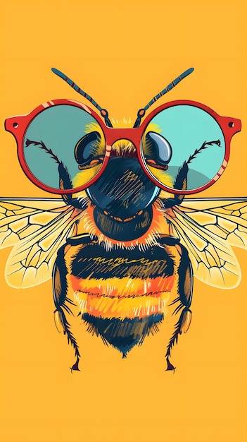 Foto uma abelha com óculos de pé em um fundo amarelo brilhante