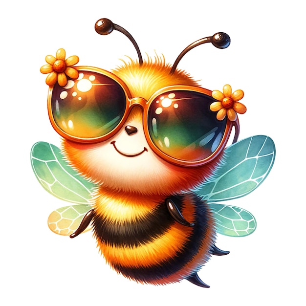 Uma abelha com óculos de sol e um acessório de flor