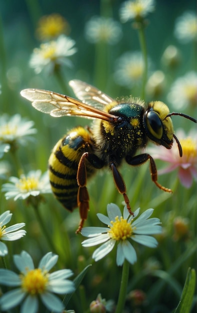 uma abelha com um rosto amarelo e manchas pretas em seu rosto