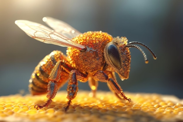 Uma abelha com uma coroa de ouro nas costas