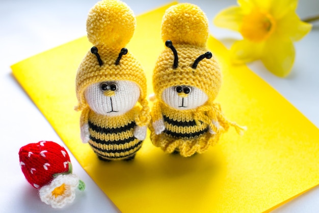 Foto uma abelha de tricô com um morango brinquedos feitos à mão insetos listrados amigurumi menino e menina