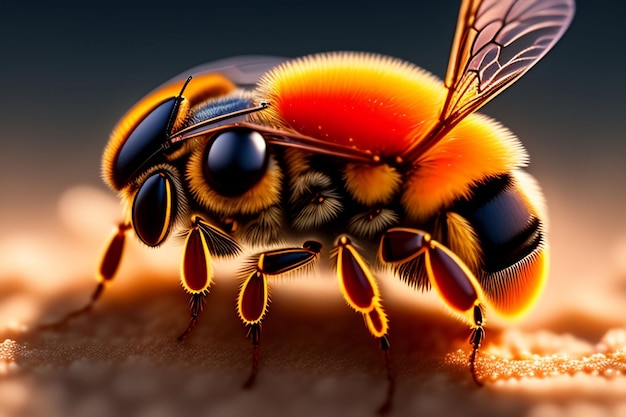 Uma abelha em um pedaço de comida com um fundo preto.