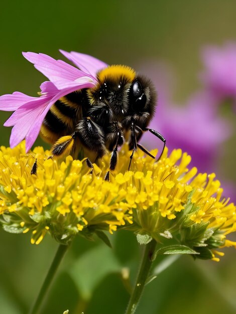 Uma abelha em uma flor amarela com uma flor rosa atrás dela