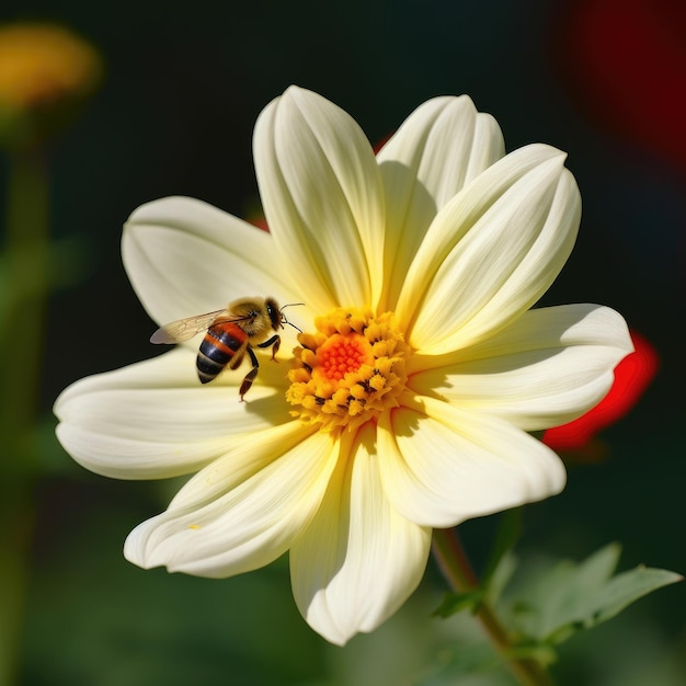 Uma abelha em uma flor com um centro amarelo.