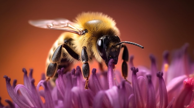 Uma abelha em uma flor com um fundo rosa