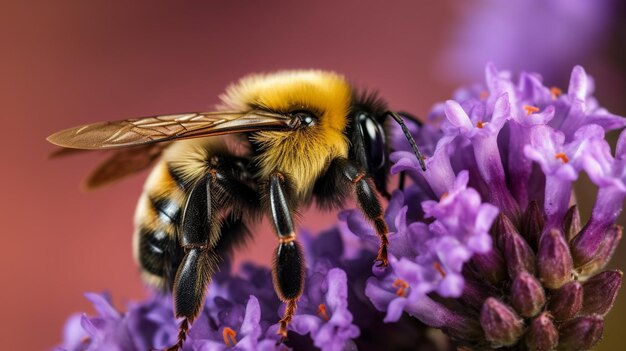 Uma abelha em uma flor com um fundo roxo