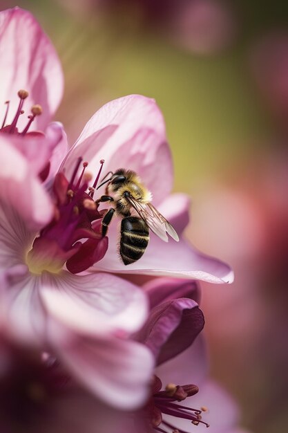 uma abelha em uma flor rosa