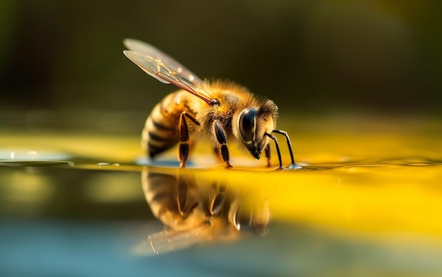 Uma abelha está bebendo água de uma lagoa.