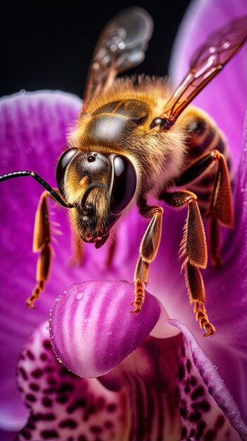 uma abelha está comendo uma flor de uma flor roxa