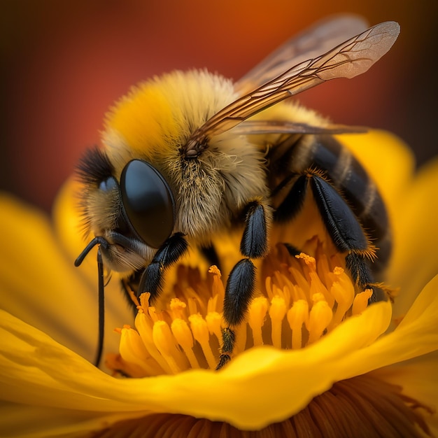 Uma abelha está dormindo em uma flor amarela com um centro amarelo.
