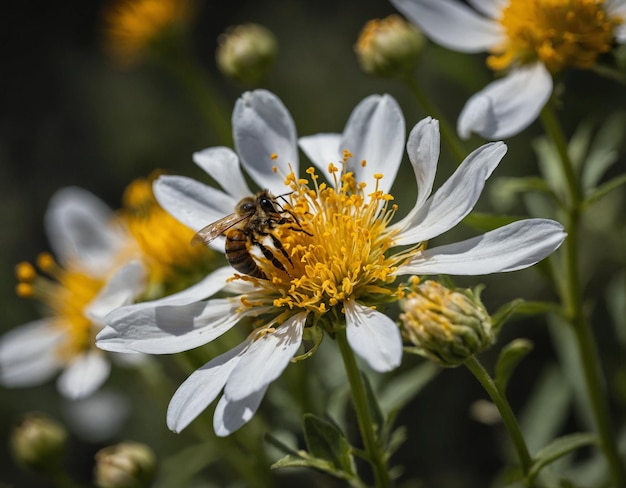 Foto uma abelha está em uma flor com pétalas amarelas