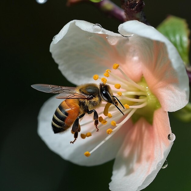 Uma abelha está em uma flor com um centro rosa.