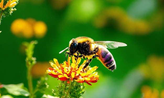 uma abelha está em uma flor com uma flor amarela no fundo