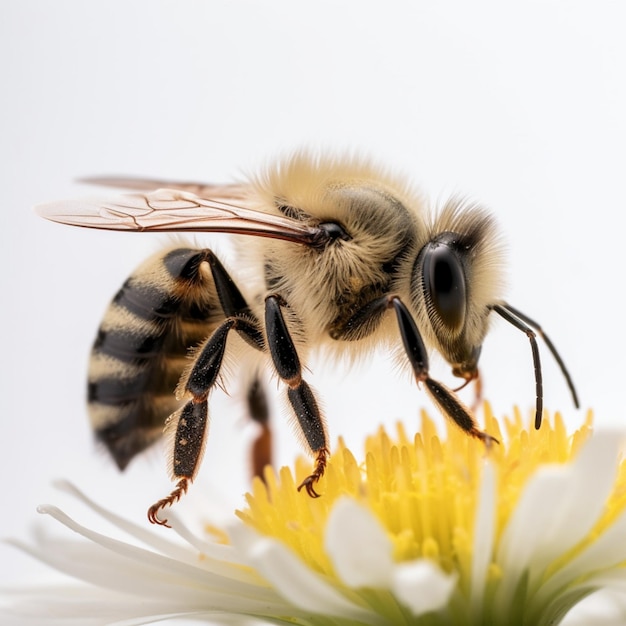 Uma abelha está em uma flor e a palavra "abelha" está na frente da abelha.