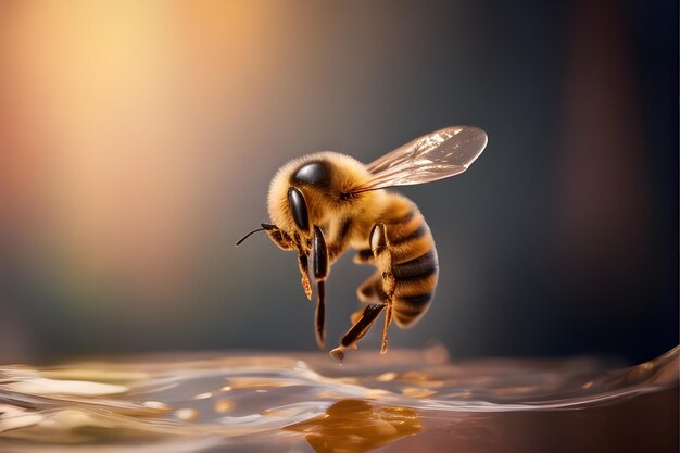 uma abelha está nadando na água com um fundo amarelo