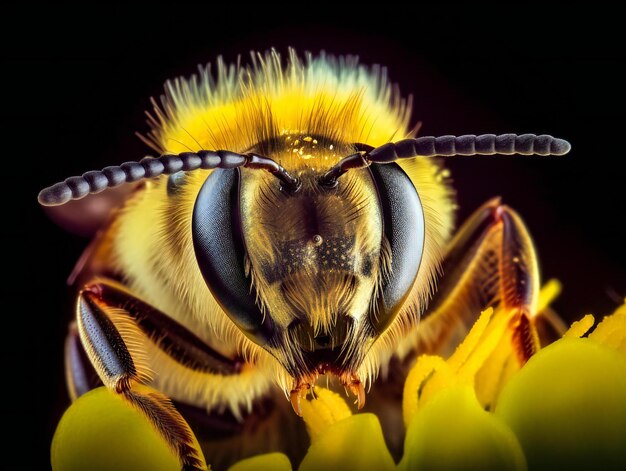 Uma abelha está sentada em uma flor com a cabeça voltada para a direita.