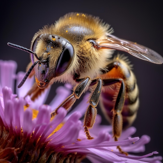 Uma abelha está sentada em uma flor roxa com a palavra abelha nela.