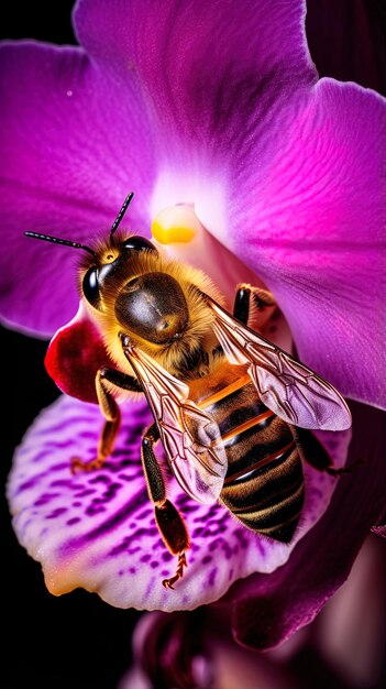 uma abelha está sentada em uma flor roxa com a palavra abelha