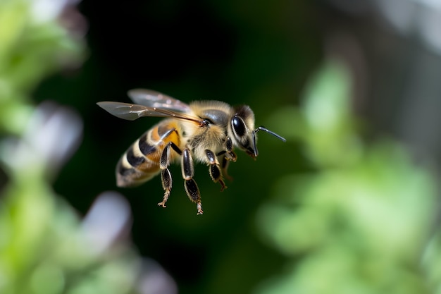 Uma abelha está voando na frente de uma planta