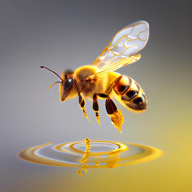 Uma abelha está voando sobre uma superfície de água e é amarela e preta.