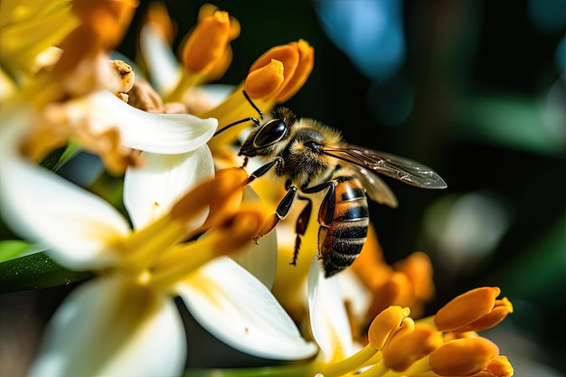 Uma abelha numa flor branca