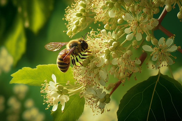 Uma abelha paira sobre um cacho de delicadas flores de tília, reunindo néctar para sua colmeia