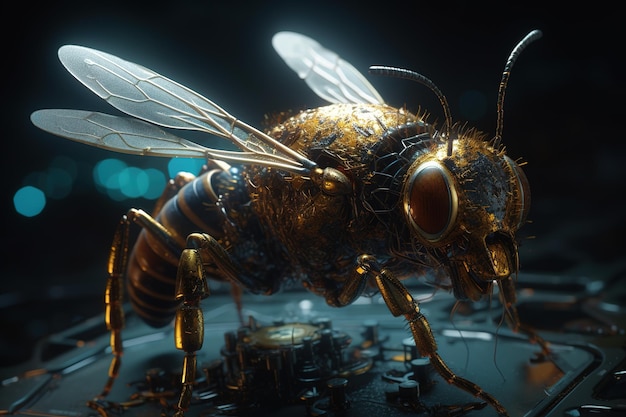 Uma abelha que é uma máquina futurista do mundo futuro Ilustração de animais de insetos IA generativa
