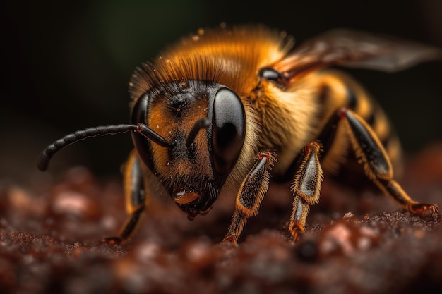 Uma abelha senta-se em uma pilha de terra.