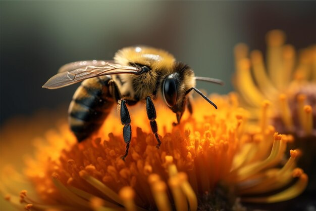 uma abelha senta-se numa flor e recolhe pólen