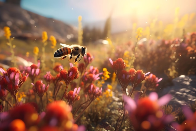 Uma abelha voa sobre um campo florido IA generativa