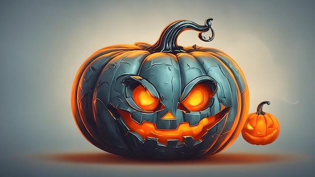 Uma abóbora alegre de Halloween com um sorriso dentado e uma ilustração de rosto de lanterna brilhante