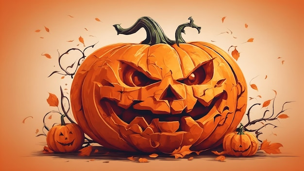 Uma abóbora alegre de Halloween com um sorriso dentado e uma ilustração de rosto de lanterna brilhante