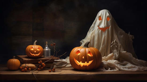 Uma abóbora assustadora de Halloween e um fantasma numa mesa de madeira.
