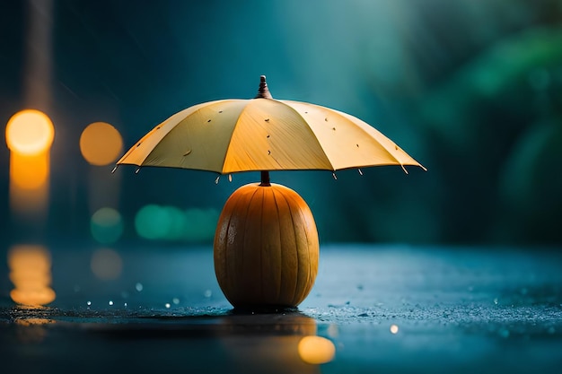 Uma abóbora com um guarda-chuva está sentada em uma noite chuvosa.