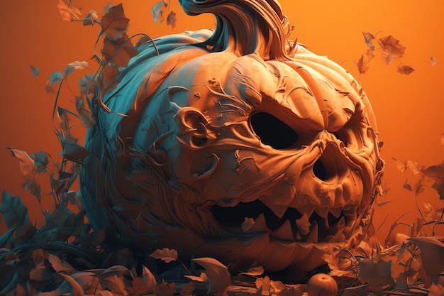 Uma abóbora de halloween com cara assustadora e folhas ao fundo.