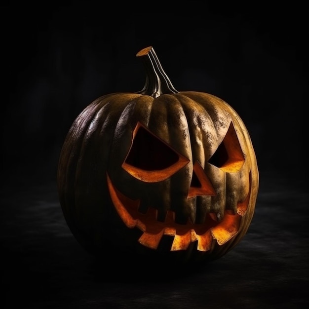 Uma abóbora de halloween com o rosto de um rosto assustador em um fundo escuro.