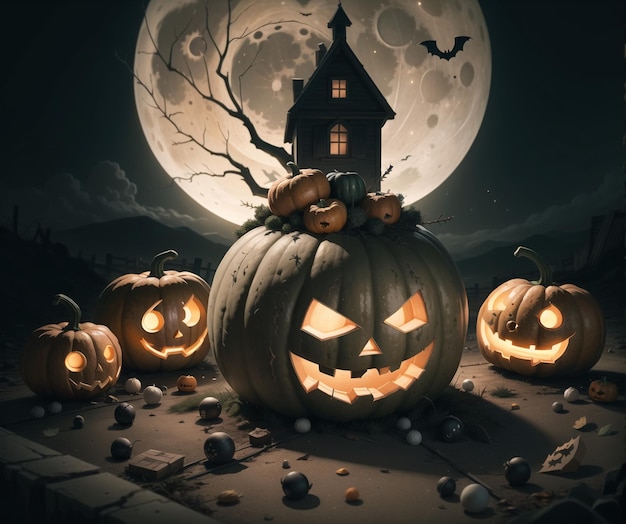 Uma abóbora de halloween com uma casa assustadora em cima dela.