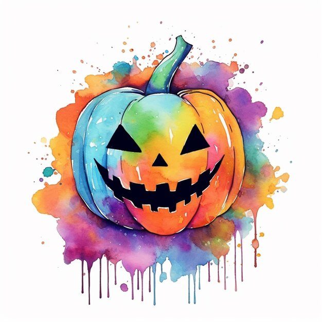 Foto uma abóbora de halloween de cores brilhantes com splats e tinta gotejante generativa ai