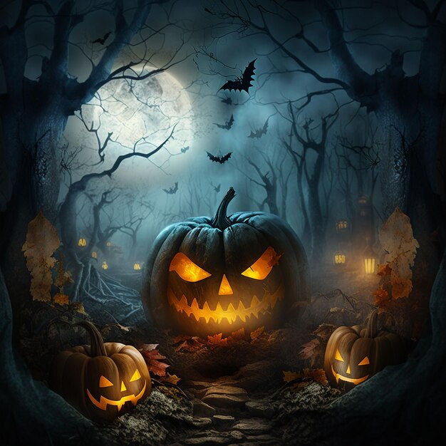Uma abóbora de halloween em uma floresta escura com lua cheia ao fundo