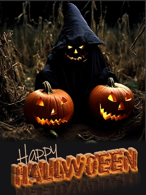 uma abóbora de Halloween feliz com uma bruxa segurando uma lanterna na mão arte gótica um post