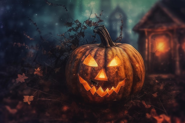 Uma abóbora de halloween fica em uma floresta escura com uma casa assustadora ao fundo.