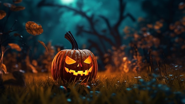 Uma abóbora de halloween senta-se em um campo com uma lua cheia no fundo.
