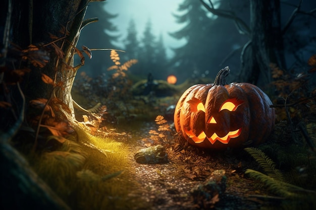 Uma abóbora de halloween senta-se em uma floresta escura.