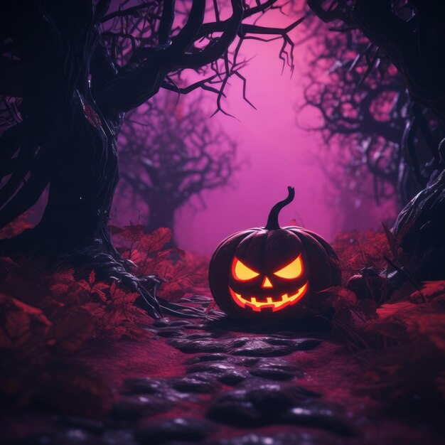 Uma abóbora de Halloween sentada no meio de uma floresta