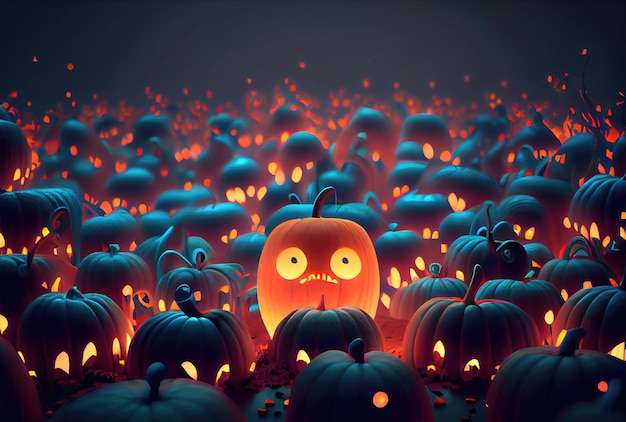 Uma abóbora fofa entre outras abóboras assustadoras e desconhecidas na festa escura de Halloween Mistério e conceito assustador Generative AI