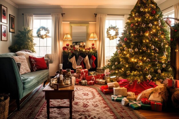 Uma acolhedora sala de estar decorada com uma árvore festiva e rodeada de presentes