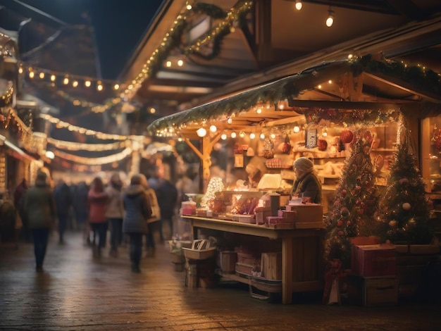 Uma aconchegante barraca de mercado de natal adornada com luzes quentes e decorações de férias captura a festa